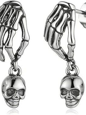Silver Skull & Fingers Earring Stainless Steel Gothic Punk Piercing Stud Goth
